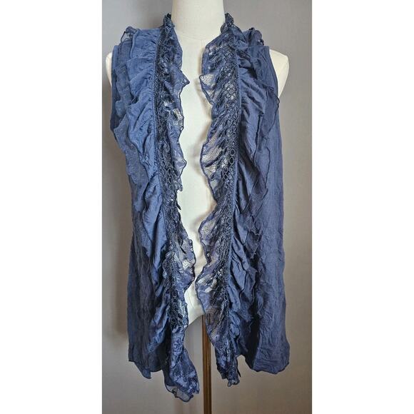 Tribal Sleeveless Blue Open Front Lace Ruffle Vest Romantic Boho Fairy Sz S - Picture 1 of 8